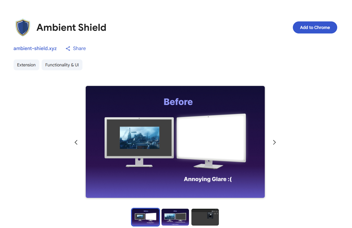 Picture of a browser window displaying the Ambient Shield web store tile